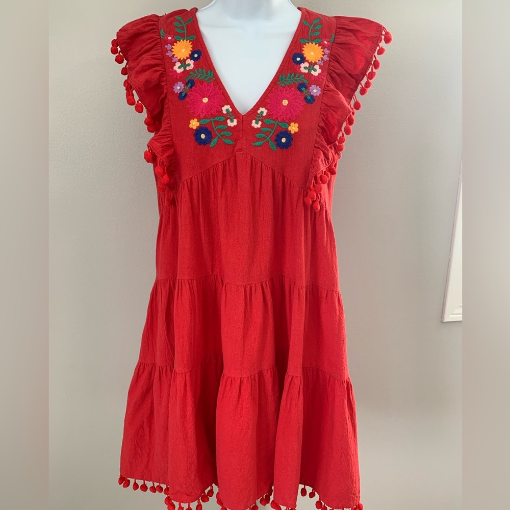 Umgee Red Embroidered Dress with Floral Details